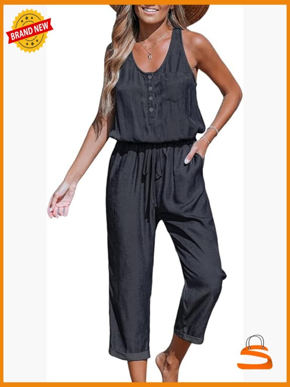 Sleeveless Scoop Neck Button Down Overalls With Pockets